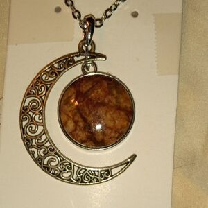 Handcrafted Elegant Silver and Brown Crescent Moon Pendant Necklace